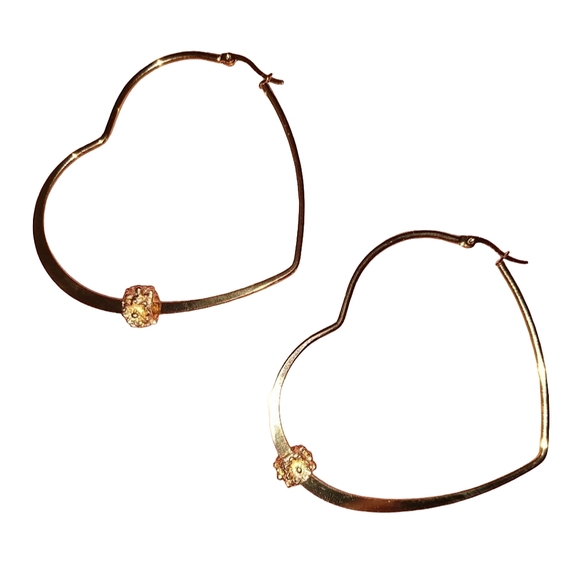 Big Gold Heart Hoop Earrings KATTA Flower Beads Large 60mm Hearts Floral Hoops - Picture 1 of 8